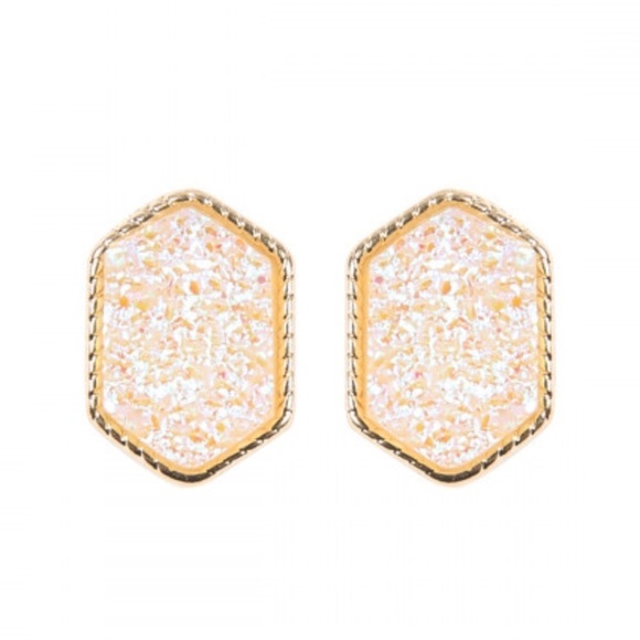 2/$15 - Gold Iridescent White Druzy Hexagon Post Earring - Picture 1 of 5